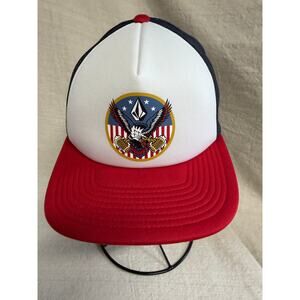 Volcom Trucker Hat USA Eagle Beer Graphic Red White Blue Snapback Cap
